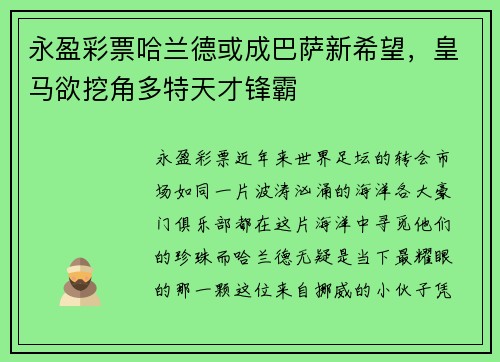 永盈彩票哈兰德或成巴萨新希望，皇马欲挖角多特天才锋霸