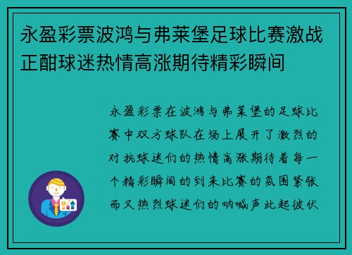 永盈彩票波鸿与弗莱堡足球比赛激战正酣球迷热情高涨期待精彩瞬间